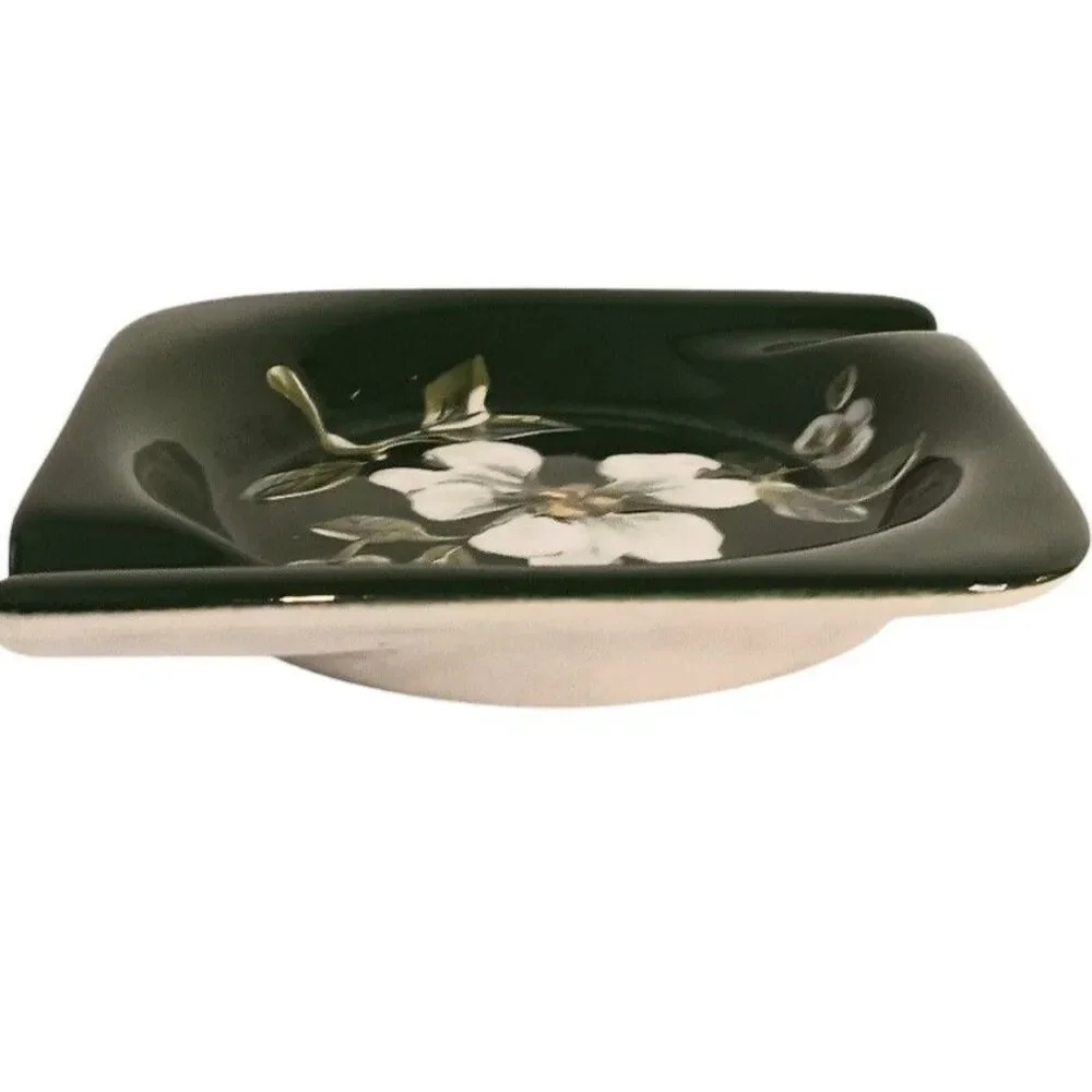 Vintage Square Ashtray Green White Floral Vee Jackson California Pottery 3.5